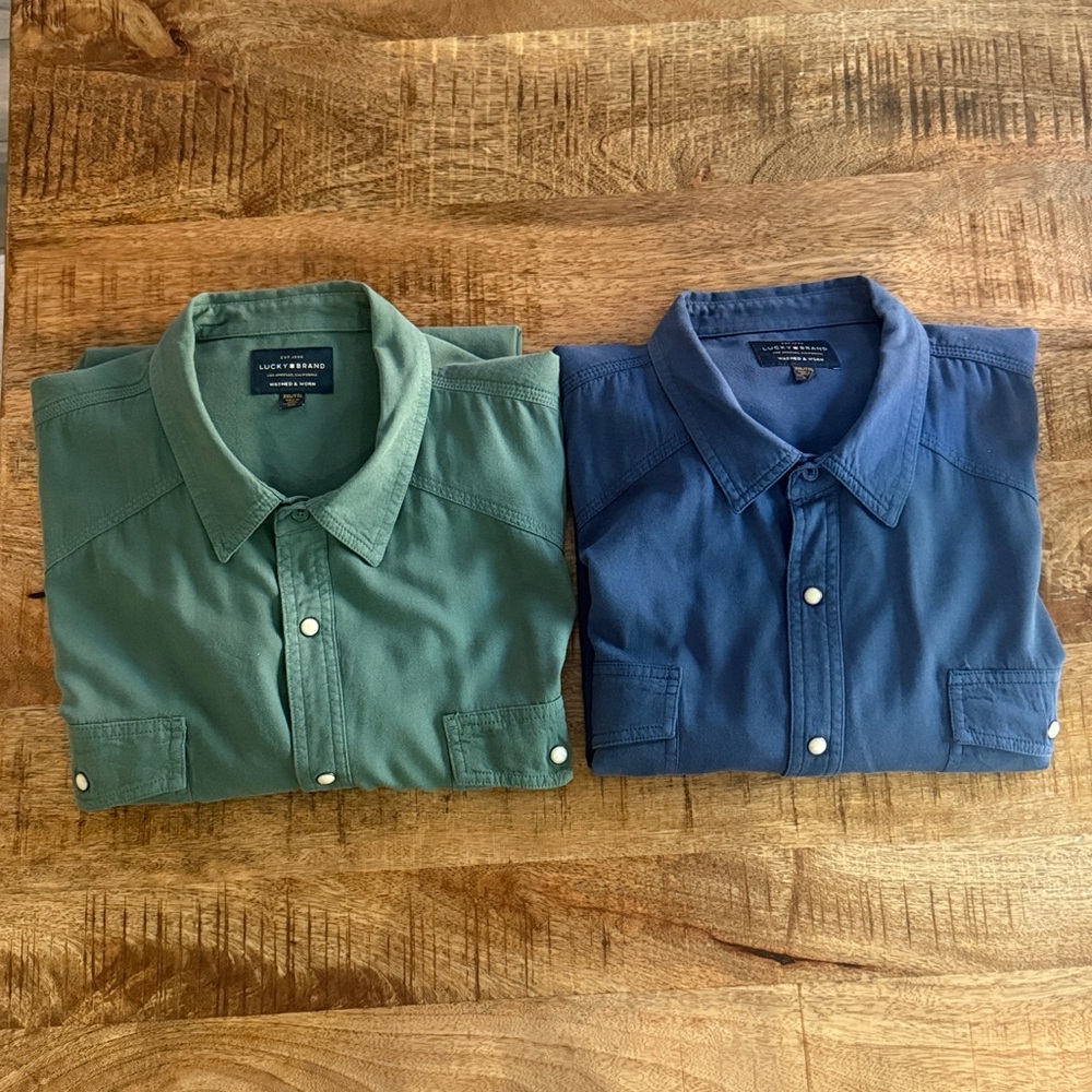 Lucky Brand Two XXL Santa Fe Western Blue and Green Snap Button Shirts
